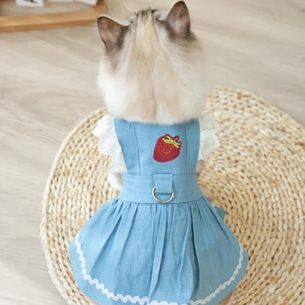 Cat Clothes Cute Strawberries Denim Skirt Summer Princess Dress - Image 4